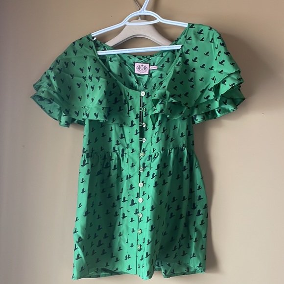 JUICY COUTURE sz8 Mallard duck flutter sleeve blouse top button down shirt SILK - Picture 7 of 7